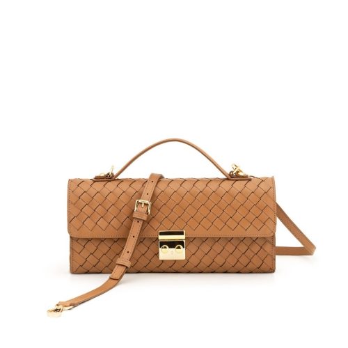 Bolsa Clutch em Couro Tressê | CR-11382 - Doce de Leite